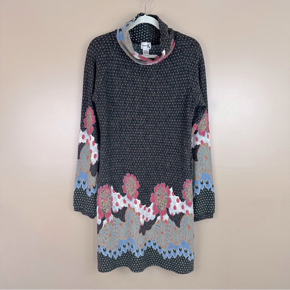 Shana K Charcoal Gray Pink Polka Dot Floral Retro Turtleneck Shift Dress Small